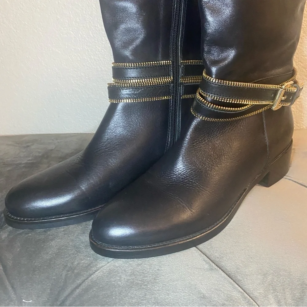 NWOB Heyraud Knee High Black Leather Boots With Gold Hardware - Size 40